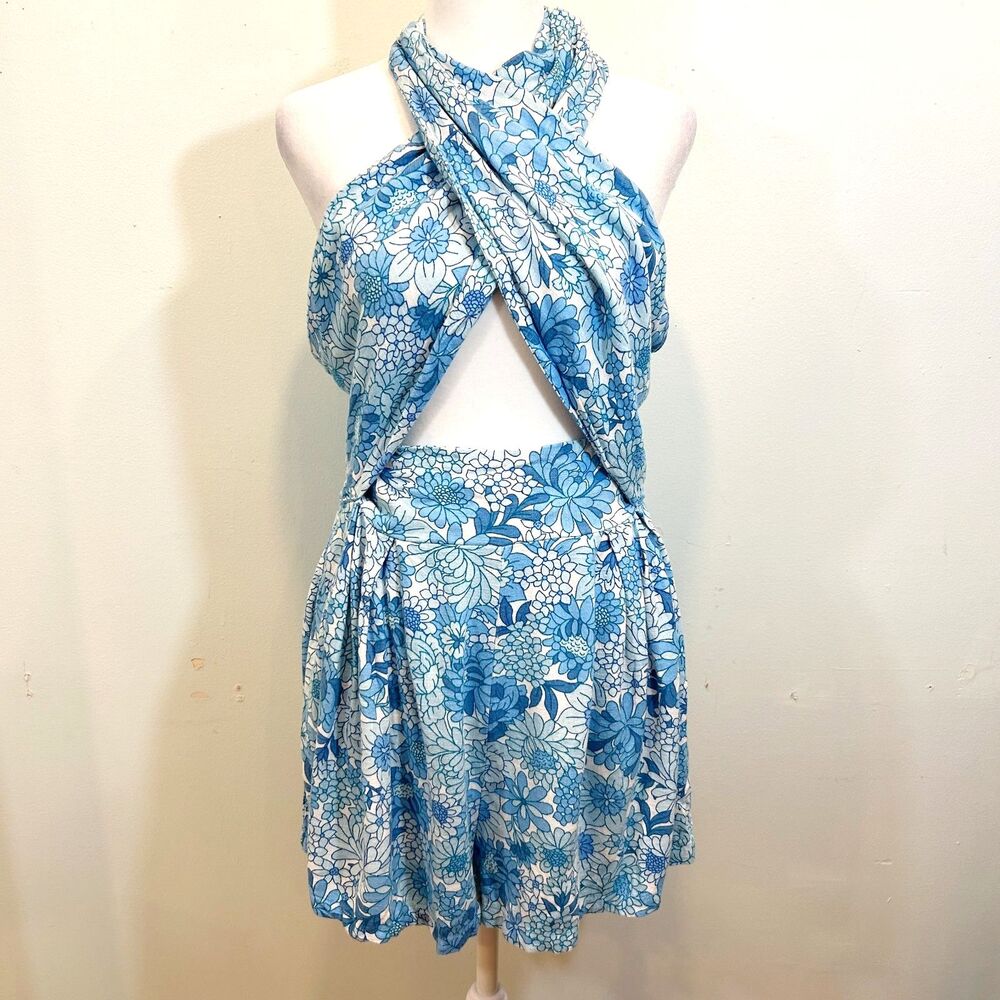 PETAL+PUP Blue Floral LeLe Halter Romper Linen Blend Size L NWT Vacation Summer
